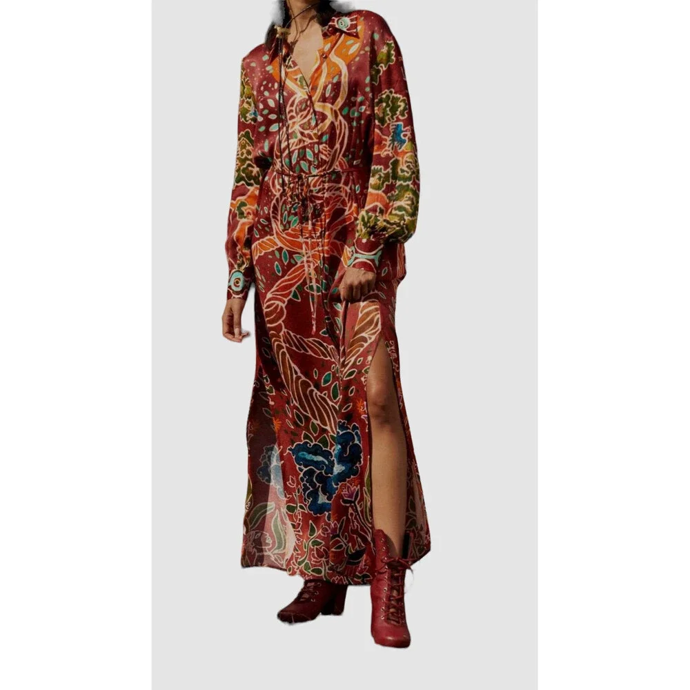 $396 Carolina K Women's Red Collared Long Sleeve Self-Tie Maxi Dress Size M - Picture 1 of 5